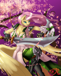 Size: 2400x3000 | Tagged: safe, artist:swiftriff, part of a set, fluttershy, anthro, unguligrade anthro, g4, armpits, badass, breasts, busty fluttershy, clothes, crossover, dungeon fighter online, female, flutterbadass, gloves, high res, shield, solo, sword, video game, weapon