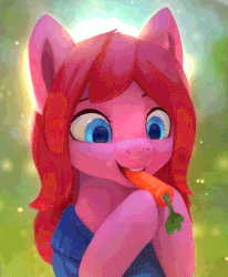 Size: 535x650 | Tagged: safe, artist:rodrigues404, oc, oc only, oc:seraphic crimson, earth pony, pony, animated, blinking, carrot, cinemagraph, digital art, eating, female, food, herbivore, mare, solo
