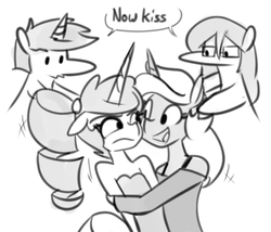 Size: 500x428 | Tagged: safe, artist:whatsapokemon, oc, oc only, oc:eureka, oc:parch well, oc:red stroke, oc:whatsapony, unicorn, anthro, anthro oc, clothes, female, glasses, grayscale, hug, lesbian, looking at each other, monochrome, now kiss, open mouth, shipper on deck, varying degrees of want