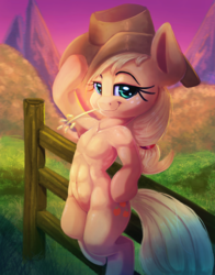 Size: 1564x2000 | Tagged: safe, artist:discorded, applejack, earth pony, pony, semi-anthro, g4, abs, applejacked, armpits, atg 2018, bipedal, cowboy hat, female, fence, freckles, hat, hay stalk, haystack, leaning, leaning back, mare, muscles, newbie artist training grounds, redraw, sitting, solo, stetson, straw in mouth, sunset