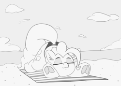Size: 1280x911 | Tagged: safe, artist:pabbley, pinkie pie, earth pony, pony, g4, 30 minute art challenge, beach, beach towel, black and white, clothes, cute, diapinkes, face down ass up, female, frog (hoof), grayscale, mare, monochrome, relaxing, sand, sky, smiling, solo, sunbathing, swimsuit, underhoof