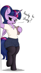 Size: 1620x2880 | Tagged: safe, artist:andelai, twilight sparkle, alicorn, semi-anthro, g4, adorkable, arm hooves, bipedal, book, clothes, cute, dork, female, mare, moe, pantyhose, ponytail, shirt, simple background, skirt, solo, text, tight clothing, transparent background, twiabetes, twilight sparkle (alicorn)