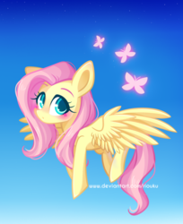 Size: 800x978 | Tagged: safe, artist:riouku, fluttershy, butterfly, pegasus, pony, g4, blushing, cute, female, flying, gradient background, mare, shyabetes, sky, solo