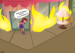 Size: 1748x1240 | Tagged: safe, artist:christheblue, pinkie pie, human, equestria girls, g4, boots, clothes, female, fire, male, shoes, simpsons did it, skirt, solo, speech bubble, sugarcube corner, the simpsons, this ended in fire