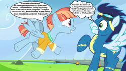 Size: 1280x720 | Tagged: safe, edit, edited screencap, screencap, rainbow dash, soarin', windy whistles, pony, g4, parental glideance, season 7, capslock, clothes, engagement, excited, female, implied applejack, implied bow hothoof, implied rainbow dash, implied shipping, implied spitfire, implied wedding, male, mothers gonna mother, nervous, oh crap face, runway, ship:soarindash, shipping, speech bubble, straight, text, thought bubble, uniform, wonderbolts, wonderbolts uniform