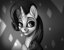 Size: 6600x5100 | Tagged: safe, artist:splatterpaint-donkey, rarity, pony, unicorn, g4, absurd resolution, black and white, bust, digital art, fashion, female, grayscale, mare, monochrome, portrait, smiling, solo