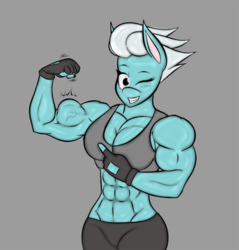 Size: 2342x2450 | Tagged: safe, artist:calm wind, artist:matchstickman, fleetfoot, anthro, g4, 1000 years in photoshop, abs, biceps, breasts, busty fleetfoot, clothes, fleetflex, flexing, gloves, high res, muscles, no tail, one eye closed, sports bra, wingless, wingless anthro, wink, workout outfit
