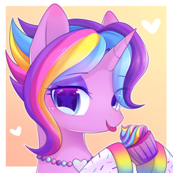 Size: 1800x1800 | Tagged: safe, artist:leafywind, oc, oc only, oc:glittersweet, pony, unicorn, bedroom eyes, bust, cupcake, cute, eyeshadow, female, food, heart, jewelry, looking at you, makeup, mare, necklace, portrait, rainbow cupcake, solo, stars, tongue out