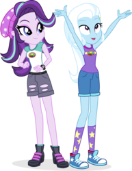 Size: 2076x2686 | Tagged: safe, artist:punzil504, starlight glimmer, trixie, equestria girls, g4, my little pony equestria girls: legend of everfree, beanie, camp everfree outfits, clothes, converse, duo, hat, high res, legs, open mouth, shoes, shorts, simple background, smiling, sneakers, transparent background, watch, wristwatch
