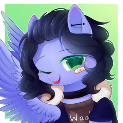 Size: 2000x2000 | Tagged: safe, artist:leafywind, oc, oc only, oc:justly sky, oc:skiu, pegasus, pony, bandaid, bust, clothes, cute, ear piercing, female, high res, looking at you, mare, one eye closed, piercing, portrait, solo, stars, tongue out, wink