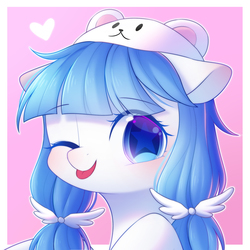 Size: 2000x2000 | Tagged: safe, artist:leafywind, oc, oc only, oc:white bear, pony, blushing, bust, clothes, female, hat, heart, high res, mare, one eye closed, portrait, solo, stars, tongue out, wink