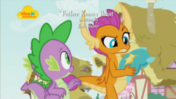 Size: 1024x576 | Tagged: safe, screencap, smolder, spike, dragon, father knows beast, g4, confused, dragoness, duo, female, josh haber, logo, male, nick jr., nickelodeon, opening credits, raised eyebrow, throw pillow, winged spike, wings