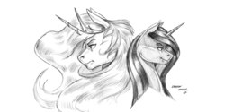 Size: 1500x752 | Tagged: safe, artist:baron engel, princess celestia, oc, oc:purple marten, pony, g4, female, grayscale, mare, monochrome, pencil drawing, simple background, sketch, smiling, traditional art, white background