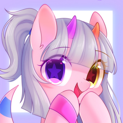 Size: 1500x1500 | Tagged: safe, artist:leafywind, oc, oc only, pony, bust, cute, female, heterochromia, looking at you, mare, open mouth, portrait, solo, starry eyes, surprised, wingding eyes, wristband