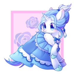 Size: 2000x2000 | Tagged: safe, artist:leafywind, oc, oc only, oc:snow rose, pony, unicorn, blue dress, blushing, bow, bowtie, clothes, commission, cute, dress, female, flower, high res, mare, simple background, smiling, solo, starry eyes, stars, transparent background, wingding eyes