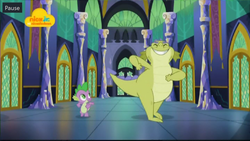 Size: 1024x576 | Tagged: safe, screencap, sludge (g4), spike, dragon, father knows beast, g4, dancing, duo, eyes closed, logo, male, nick jr., twilight's castle, winged spike, wings