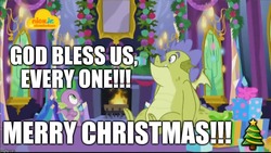 Size: 1024x576 | Tagged: safe, edit, edited screencap, editor:useraccount, screencap, spike, dragon, father knows beast, g4, a christmas carol, christmas, duo, fireplace, god, hearth's warming, hearth's warming eve, holiday, image macro, meme, religion, winged spike, wings