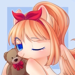 Size: 1500x1500 | Tagged: safe, artist:leafywind, oc, oc only, oc:chajiu, pegasus, pony, blushing, bow, bowtie, bust, cute, female, hair bow, looking at you, mare, one eye closed, portrait, smiling, solo, starry eyes, teddy bear, wingding eyes, wink