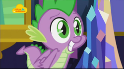Size: 1024x576 | Tagged: safe, screencap, spike, dragon, father knows beast, g4, adorable face, baby, baby dragon, big eyes, cute, eyebrows, folded wings, green eyes, grin, log, logo, male, nick jr., smiling, spikabetes, twilight's castle, watermark, winged spike, wings