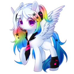 Size: 2000x2000 | Tagged: safe, artist:leafywind, oc, oc only, pegasus, pony, clothes, commission, eye clipping through hair, female, high res, looking at you, mare, necktie, rainbow hair, simple background, solo, starry eyes, transparent background, wingding eyes, wristband
