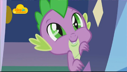 Size: 1024x576 | Tagged: safe, screencap, spike, dragon, father knows beast, g4, adorable face, baby, baby dragon, claws, cute, door, doorway, eyebrows, green eyes, logo, male, nick jr., smiling, spikabetes, twilight's castle, watermark, winged spike, wings