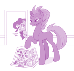 Size: 900x867 | Tagged: safe, artist:dstears, fizzlepop berrytwist, pinkie pie, pound cake, pumpkin cake, tempest shadow, earth pony, pegasus, pony, unicorn, g4, broken horn, cage, cake twins, dialogue, eye scar, female, foal, horn, laundry basket, mare, monochrome, pure unfiltered evil, scar, simple background, white background