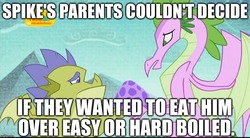 Size: 1047x576 | Tagged: safe, edit, edited screencap, editor:useraccount, screencap, sludge (g4), spike, spike's fake mother, dragon, father knows beast, g4, abuse, caption, egg, funny, go to sleep garble, image macro, meme, op is a duck, op is a spike hater, op is on drugs, op is trying to start shit, op is trying to start shit so badly that it's kinda funny, spike's egg, truth