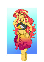 Size: 2500x3500 | Tagged: safe, alternate version, artist:albertbm, sunset shimmer, equestria girls, equestria girls series, g4, abs, belly button, clothes, female, high res, lidded eyes, muscles, sarong, solo, swimsuit