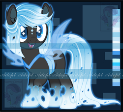 Size: 1704x1554 | Tagged: safe, artist:auroracursed, oc, oc only, changeling, adoptable, advertisement, auction, blue changeling, changeling oc, commission, cute, cute little fangs, digital art, fangs, female, happy, looking at you, obtrusive watermark, ocbetes, open mouth, smiling, solo, watermark, ych example, your character here