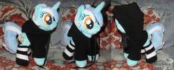 Size: 6869x2768 | Tagged: safe, artist:allunacraft, lyra heartstrings, pony, fanfic:background pony, g4, absurd resolution, clothes, dig the swell hoodie, hoodie, irl, photo, plushie, socks, solo, striped socks