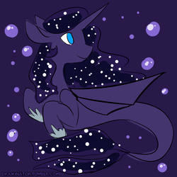 Size: 800x800 | Tagged: safe, artist:polyhexian, princess luna, merpony, seapony (g4), g4, abstract background, bat wings, ethereal mane, female, floppy ears, looking over shoulder, mare, seaponified, smiling, solo, species swap, starry mane