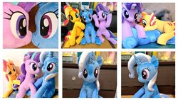 Size: 1200x675 | Tagged: safe, artist:nekokevin, starlight glimmer, sunset shimmer, trixie, pony, unicorn, series:nekokevin's glimmy, g4, boop, cute, diatrixes, female, glimmerbetes, irl, looking at you, mare, noseboop, photo, plushie, raised hoof, shimmerbetes, sitting, smiling, underhoof