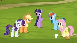 Size: 1920x1080 | Tagged: safe, screencap, angel bunny, applejack, fluttershy, rainbow dash, rarity, twilight sparkle, alicorn, pony, g4, yakity-sax, twilight sparkle (alicorn)