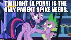 Size: 1024x576 | Tagged: safe, edit, edited screencap, editor:useraccount, screencap, spike, twilight sparkle, alicorn, dragon, pony, father knows beast, g4, duo, female, image macro, male, mama twilight, mare, meme, mom, text, twilight sparkle (alicorn), winged spike, wings