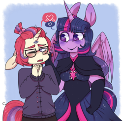 Size: 1280x1261 | Tagged: safe, artist:drmedrick, moondancer, twilight sparkle, alicorn, unicorn, anthro, g4, black dress, blushing, cheek pinch, clothes, dress, evening gloves, female, glasses, gloves, hair tie, heart, heart eyes, lesbian, long gloves, looking away, mare, one eye closed, open mouth, pictogram, ship:twidancer, shipping, simple background, sweater, transparent background, twilight sparkle (alicorn), wingding eyes