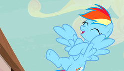 Size: 1888x1080 | Tagged: safe, screencap, rainbow dash, pegasus, pony, g4, the cutie map, amused, cute, cutie mark, eyes closed, female, flying, laughing, mare, mocking, open mouth, solo, underhoof