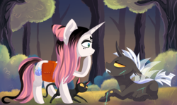 Size: 1600x956 | Tagged: safe, artist:spookyle, oc, oc:willow wisp, cat, changeling, duo, forest, injured, tree