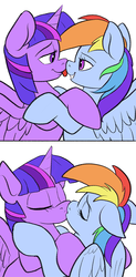 Size: 900x1822 | Tagged: safe, artist:php187, edit, rainbow dash, twilight sparkle, alicorn, pegasus, pony, g4, comic, eyes closed, female, flat colors, floppy ears, hug, kiss on the lips, kissing, lesbian, licking, looking at each other, mare, ship:twidash, shipping, simple background, spread wings, tongue out, twilight sparkle (alicorn), white background, wingboner, wings
