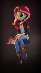 Size: 5400x9600 | Tagged: safe, artist:imafutureguitarhero, part of a set, sunset shimmer, unicorn, anthro, plantigrade anthro, equestria girls, g4, 3d, abstract background, absurd file size, absurd resolution, boots, breasts, chair, chromatic aberration, cleavage, clothes, delicious flat chest, dress, equestria girls outfit, female, film grain, freckles, hands on knees, horn, jacket, jeans, leather jacket, mare, multicolored hair, nose wrinkle, pants, peppered bacon, shoes, signature, sitting, smiling, solo, source filmmaker, stool, sunflat shimmer, vertical, what has science done, windswept mane, windswept tail
