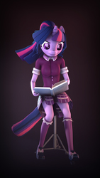 Size: 5400x9600 | Tagged: safe, artist:imafutureguitarhero, part of a set, sci-twi, twilight sparkle, unicorn, anthro, plantigrade anthro, g4, 3d, abstract background, absurd file size, absurd resolution, book, bookhorse, buttons, chair, chromatic aberration, clothes, crystal prep academy uniform, dress, female, film grain, freckles, holding, horn, mare, multicolored hair, nose wrinkle, pleated skirt, ponytail, purple dress, reading, rolled up sleeves, school uniform, shirt, shoes, signature, sitting, skirt, smiling, socks, solo, source filmmaker, stool, vertical, windswept mane, windswept tail