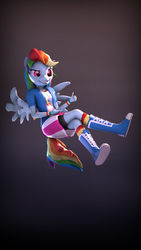 Size: 5400x9600 | Tagged: safe, artist:imafutureguitarhero, part of a set, rainbow dash, pegasus, anthro, plantigrade anthro, g4, 3d, abstract background, absurd file size, absurd resolution, boots, bracelet, chromatic aberration, clothes, compression shorts, dress, equestria girls outfit, faic, female, film grain, floating, flying, jacket, jewelry, leaning back, mare, pants, pointing, shirt, shoes, shorts, signature, skirt, smiling, smug, smugdash, socks, solo, source filmmaker, thumbs up