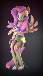 Size: 5400x9600 | Tagged: safe, artist:imafutureguitarhero, part of a set, angel bunny, fluttershy, pegasus, rabbit, anthro, plantigrade anthro, g4, 3d, abstract background, absurd file size, absurd resolution, boots, breasts, chromatic aberration, cleavage, clothes, duo, equestria girls outfit, female, film grain, holding, mare, nose wrinkle, put me down, shoes, signature, sitting, skirt, smiling, socks, source filmmaker, stool, tank top