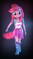 Size: 5400x9600 | Tagged: safe, artist:imafutureguitarhero, part of a set, pinkie pie, earth pony, anthro, plantigrade anthro, g4, 3d, abstract background, absurd file size, absurd resolution, boots, bracelet, chromatic aberration, clothes, equestria girls outfit, female, film grain, floppy ears, jacket, jewelry, looking at you, mare, nose wrinkle, shirt, shoes, signature, skirt, smiling, solo, source filmmaker, vertical, windswept mane, windswept tail