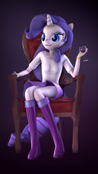 Size: 5400x9600 | Tagged: safe, artist:imafutureguitarhero, part of a set, rarity, unicorn, anthro, plantigrade anthro, g4, 3d, abstract background, absurd file size, absurd resolution, alcohol, boots, bracelet, chair, chromatic aberration, clothes, equestria girls outfit, female, film grain, glass, holding, horn, jewelry, mare, shirt, shoes, signature, sitting, skirt, solo, source filmmaker, vertical, wine