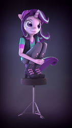 Size: 5400x9600 | Tagged: safe, artist:imafutureguitarhero, part of a set, starlight glimmer, unicorn, anthro, plantigrade anthro, equestria girls, equestria girls specials, g4, mirror magic, 3d, abstract background, absurd resolution, beanie, boots, chair, chromatic aberration, clothes, cute, equestria girls outfit, female, film grain, floppy ears, glimmerbetes, hat, high heel boots, horn, mare, multicolored hair, nose wrinkle, pants, ripped pants, shirt, shoes, signature, smiling, solo, source filmmaker, squatting, stool, torn clothes, undershirt, vertical, vest, watch, windswept mane, windswept tail