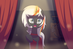 Size: 2777x1892 | Tagged: safe, artist:zacatron94, oc, oc only, oc:velvet remedy, pony, unicorn, fallout equestria, clothes, crying, curtains, dress, fallout, fallout 4, female, mare, microphone, microphone stand, multicolored hair, open mouth, red dress, singing, solo, vault boy