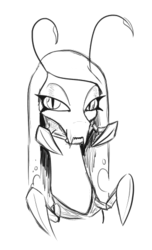 Size: 284x466 | Tagged: safe, artist:jargon scott, queen chrysalis, changeling, changeling queen, g4, alternate design, bust, female, grayscale, lidded eyes, mandibles, monochrome, portrait, simple background, solo, white background