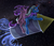 Size: 2857x2480 | Tagged: safe, artist:vladimir-olegovych, starlight glimmer, trixie, pony, unicorn, g4, cape, clothes, duo, female, hat, high res, mare, rocket, starry background, toy interpretation, trixie's cape, trixie's hat, trixie's rocket