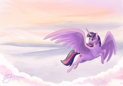 Size: 1577x1110 | Tagged: safe, artist:lionylioness, twilight sparkle, alicorn, pony, g4, female, flying, looking back, mare, smiling, solo, twilight sparkle (alicorn)