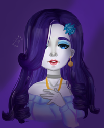 Size: 654x800 | Tagged: safe, artist:andylala7u7, rarity, human, equestria girls, g4, clothes, ear piercing, earring, female, gradient background, humanized, jewelry, lipstick, looking at you, necklace, piercing, signature, solo